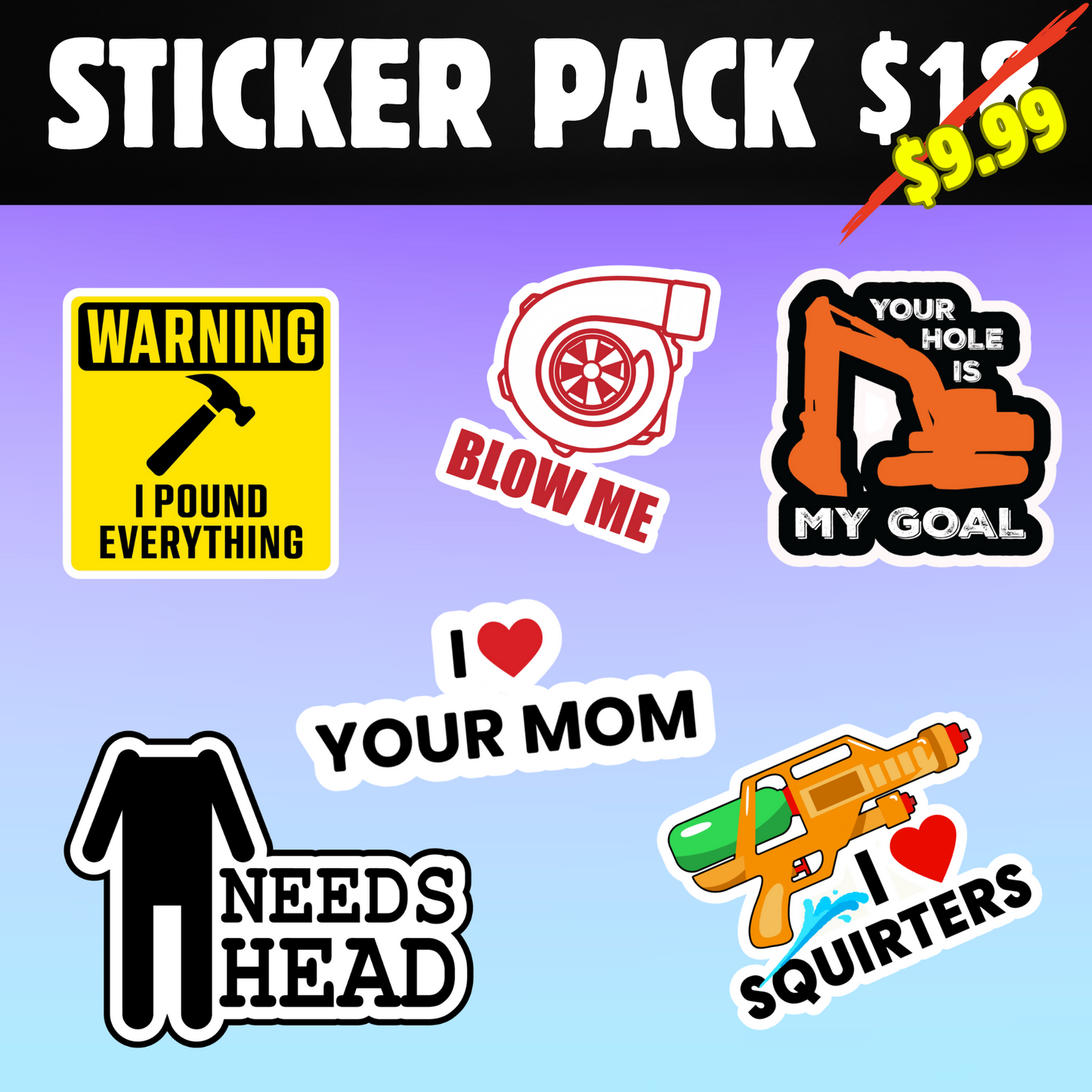 Funny Adult  R-Rated Humor Sticker Pack – 6 Waterproof Vinyl Stickers for Hard Hat, Toolbox, Laptop – Dirty Humor Stickers