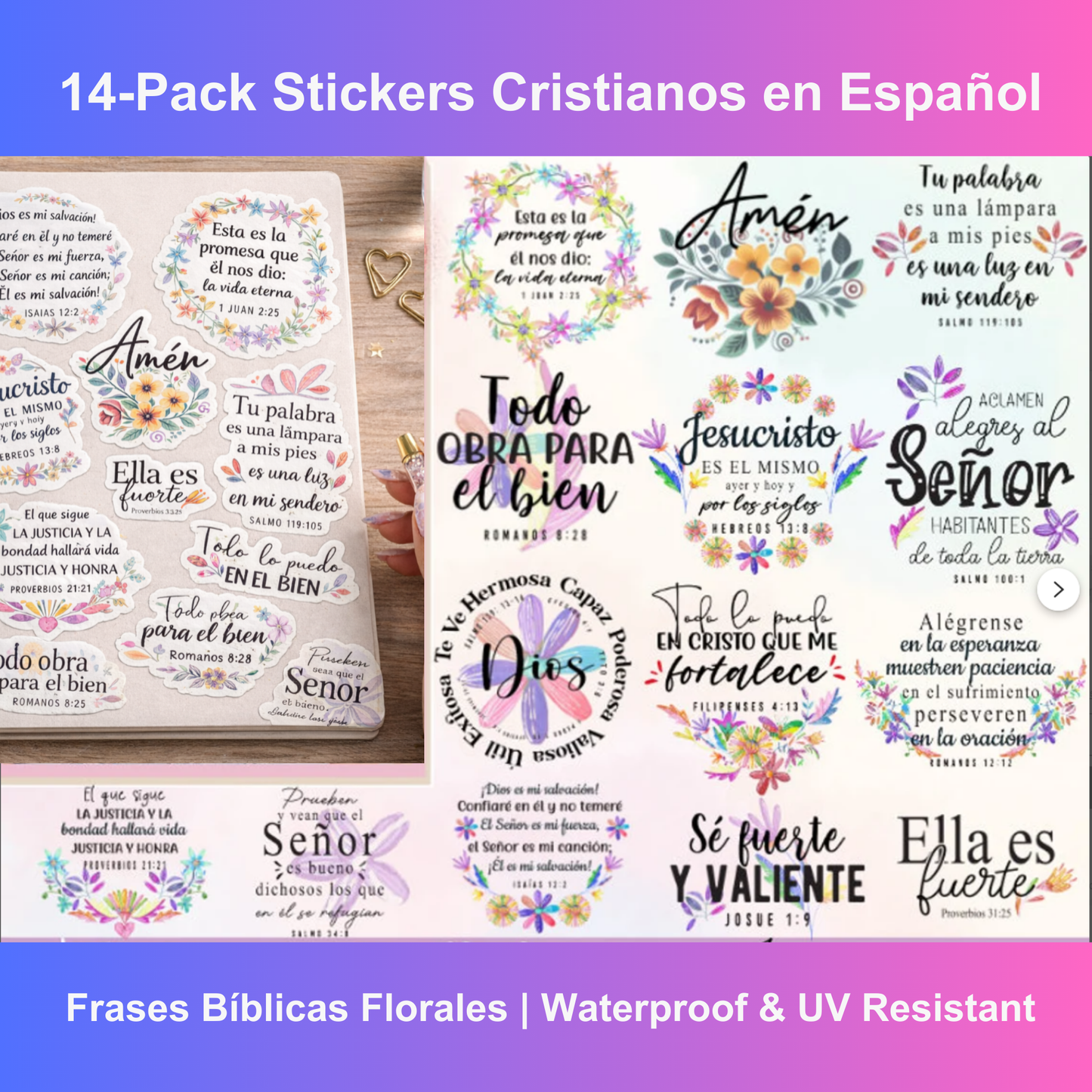 14-Pack Stickers Cristianos en Español | Frases Bíblicas Florales | Waterproof & UV Resistant