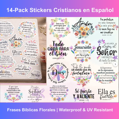 14-Pack Stickers Cristianos en Español | Frases Bíblicas Florales | Waterproof & UV Resistant