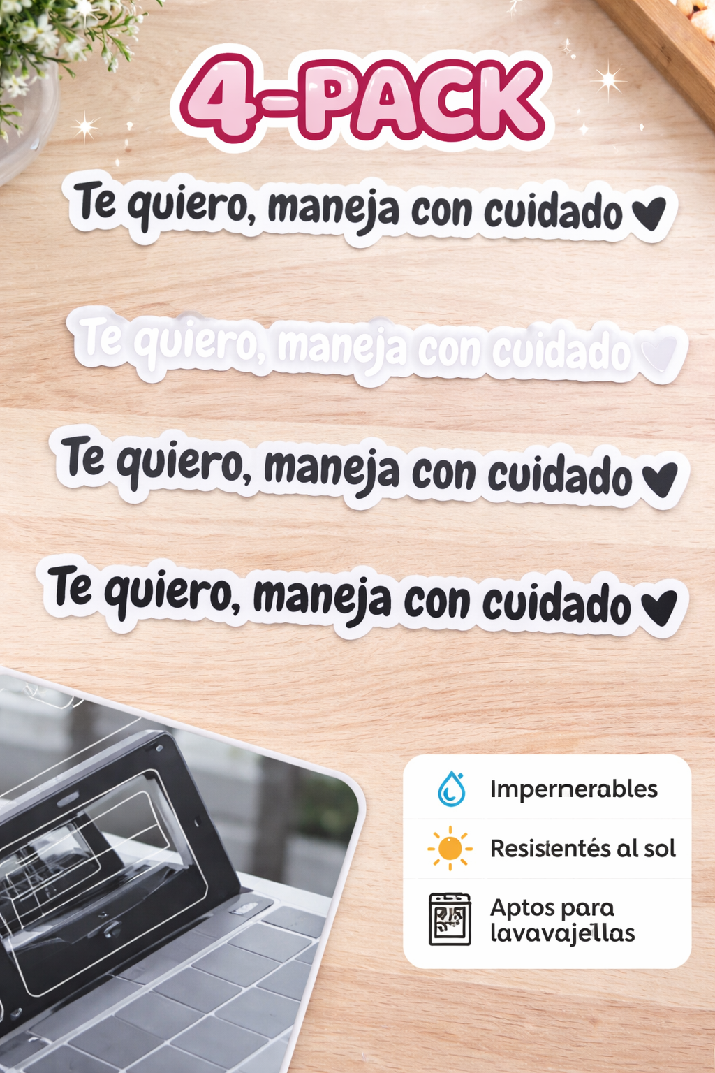 4PACK Te Quiero Maneja Con Cuidado Car Decal for Rearview Mirror & Windshield Simple Design for Safe Driving Ideal for Drivers & Car Enthusiasts Vehicle Exterior Decoration Sticker