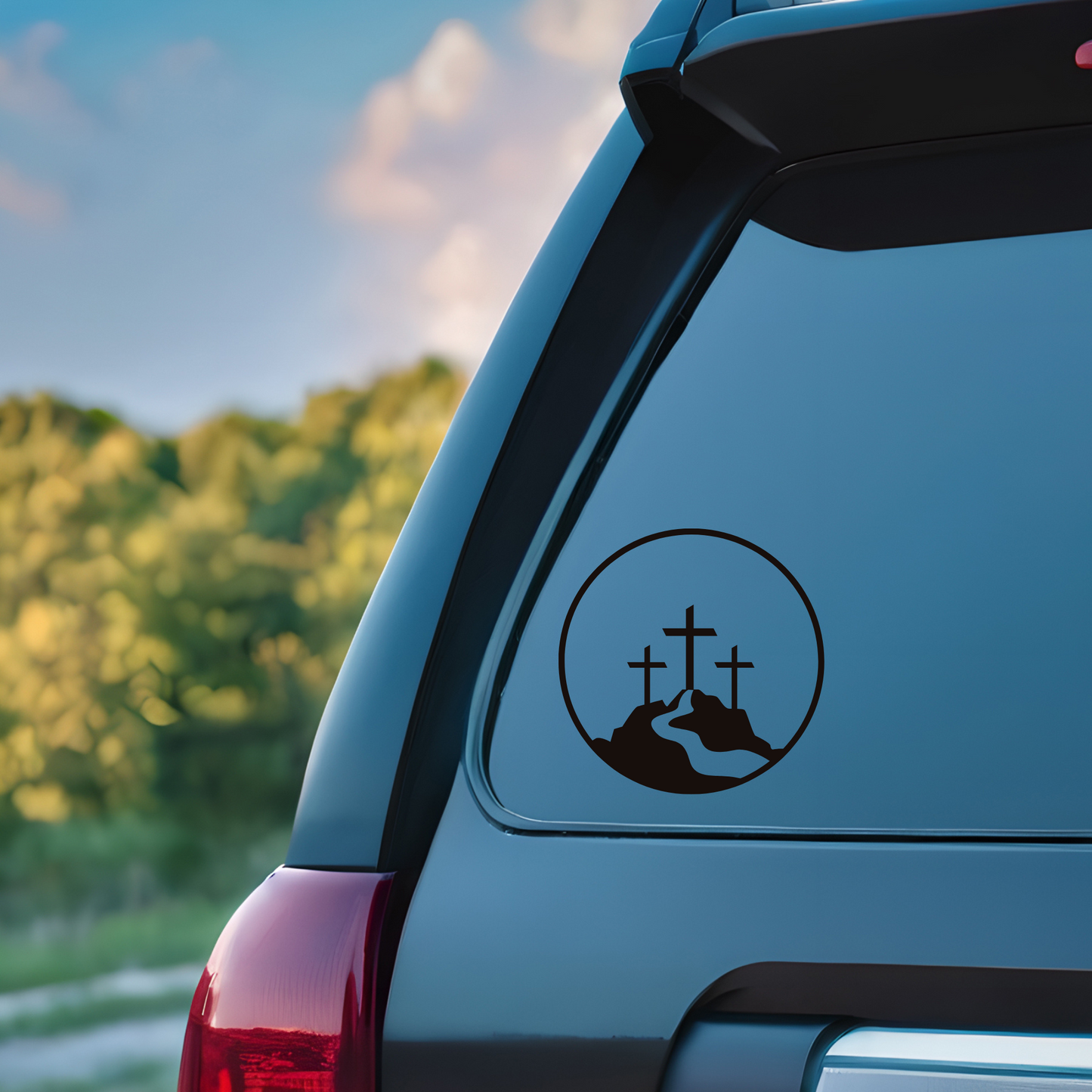 Christian Car Window Decal – Three Crosses on Calvary Car Sticker / Calcomanía Cristiana de Auto – Tres Cruces