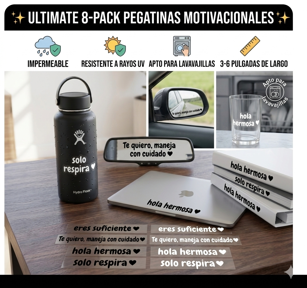 8PCS Calcomanías para Espejo Retrovisor del Auto – "Te quiero, maneja con cuidado" "Hola hermosa" "Solo respira" "Eres suficiente"