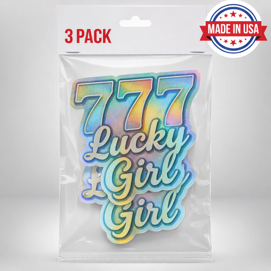 3PC 777 Lucky Girl Holographic Stickers - Waterproof Vinyl Decal with Angel Numbers 777