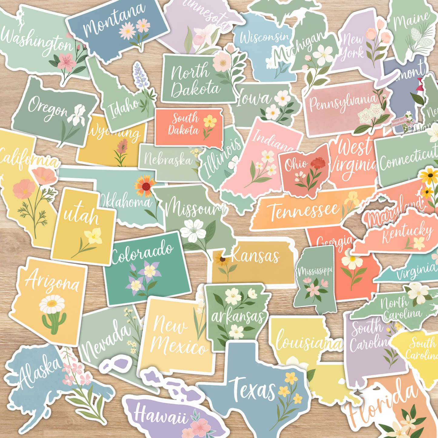 State Stickers, US State Stickers, Floral Vinyl State Stickers, Waterproof Sticker, Die Cut Sticker, Floral Sticker,  Planner Sticker