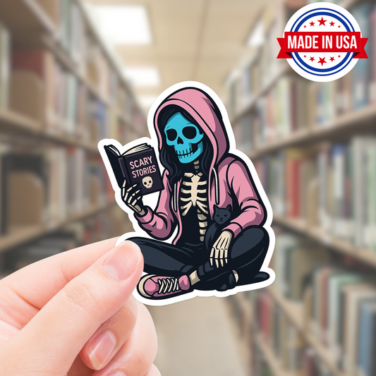 Masked Woman Book Reading Stickers - Waterproof Vinyl Decal of Skeleton Girl in Pink Hoody