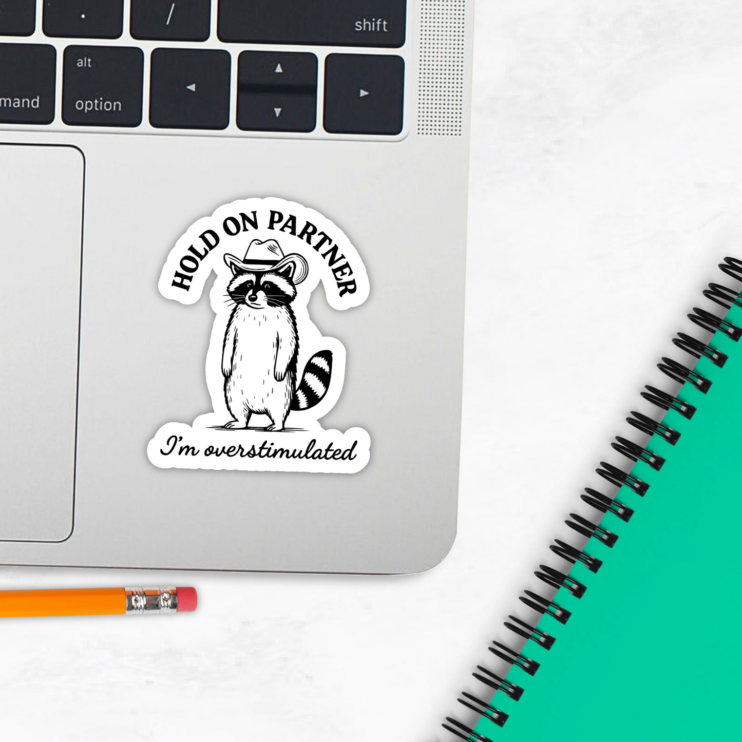 Hold On Partner I'm Overstimulated Sticker, Funny Cowboy Racoon Sticker, Western Cat, Sarcastic Country Sticker, Trendy Vintage Sticker