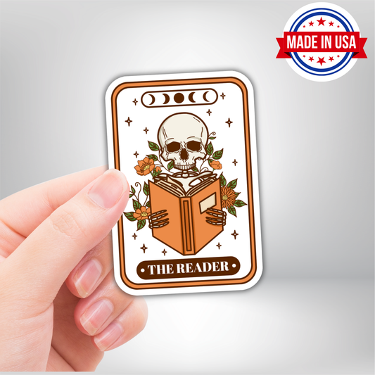 The Reader Tarot Card Skeleton Vinyl Sticker - Waterproof, UV Resistant, Durable