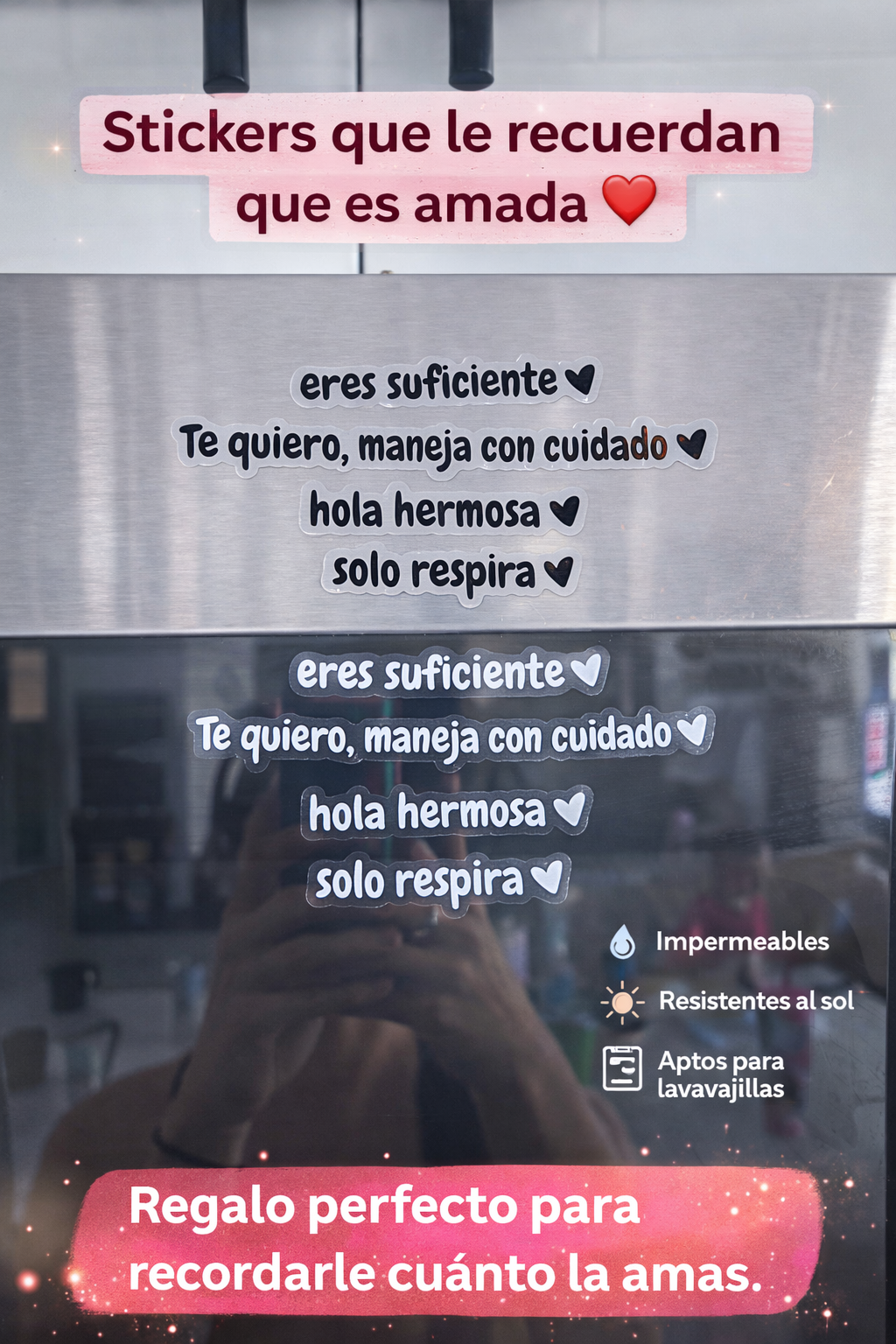 8PCS Calcomanías para Espejo Retrovisor del Auto – "Te quiero, maneja con cuidado" "Hola hermosa" "Solo respira" "Eres suficiente"
