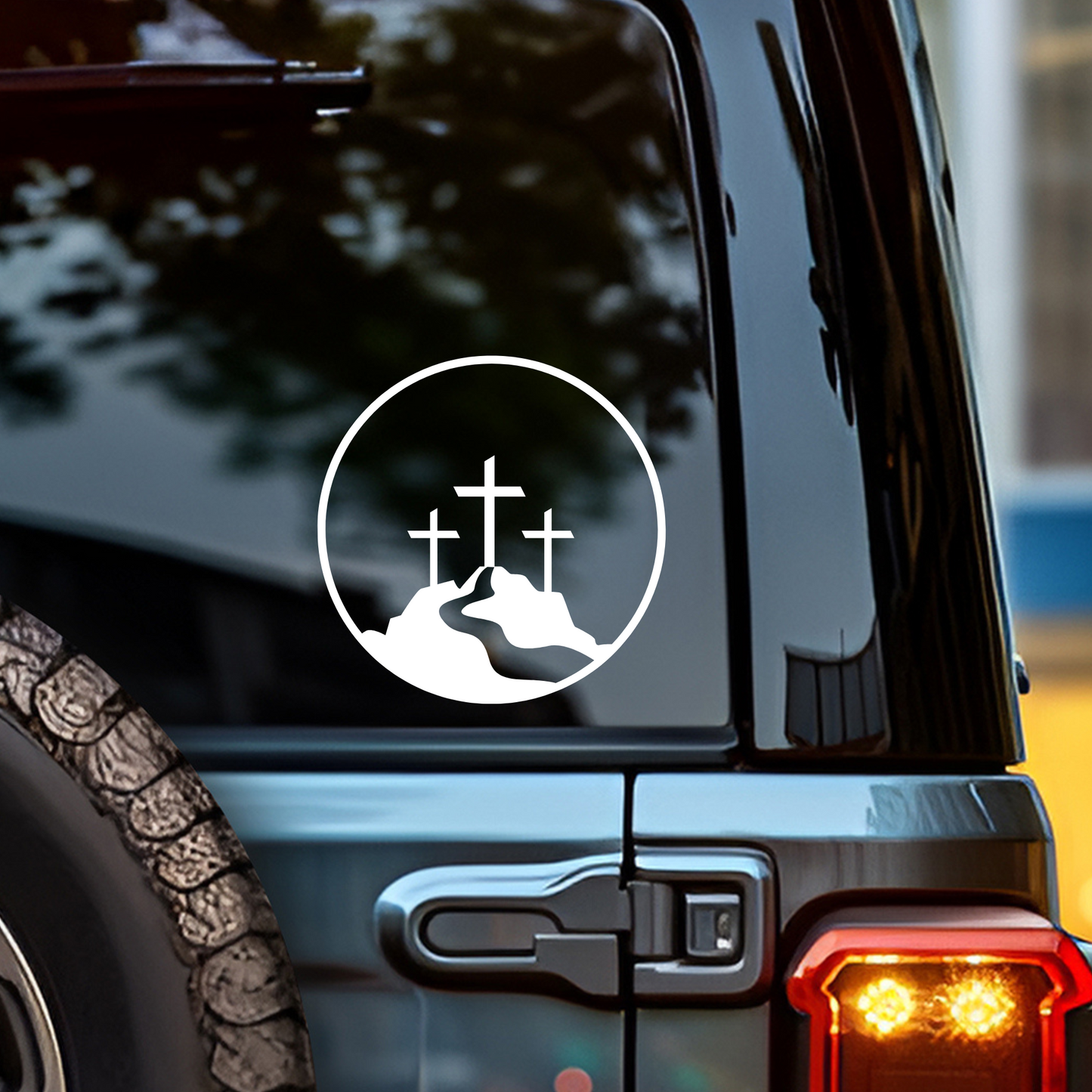 Christian Car Window Decal – Three Crosses on Calvary Car Sticker / Calcomanía Cristiana de Auto – Tres Cruces