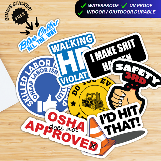 Forklift Operator Sticker Pack - Hilarious Blue Collar Premium Vinyl Decals for Hard Hats, Coolers, Hydroflasks & Trucks