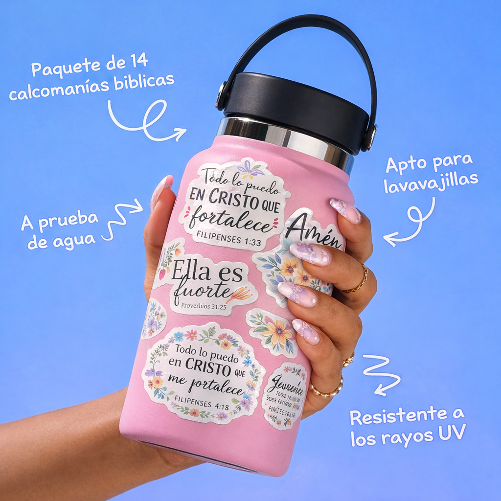 14-Pack Stickers Cristianos en Español | Frases Bíblicas Florales | Waterproof & UV Resistant