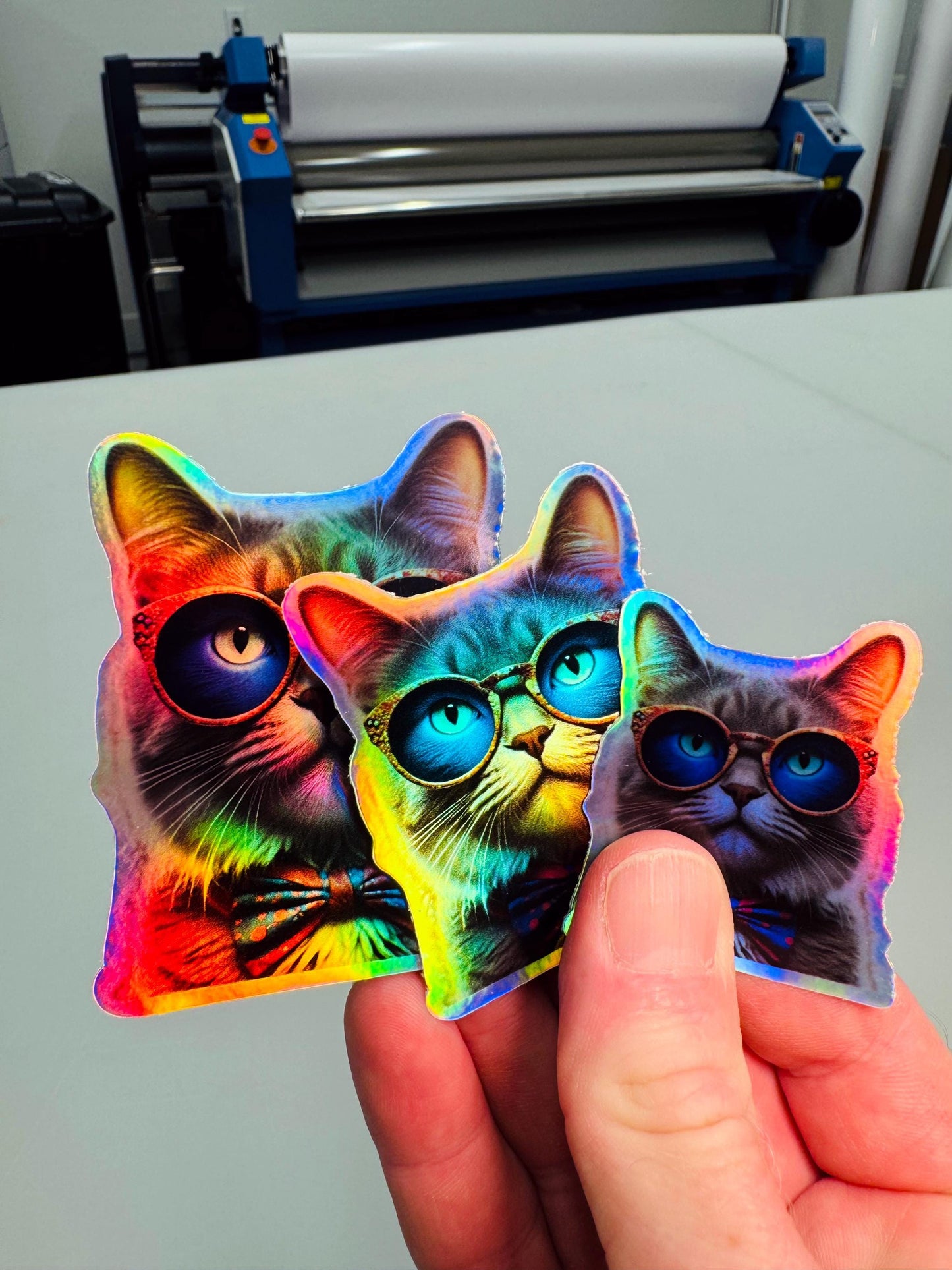 Funny Cat Hologram Sticker with Bow Tie & Glasses | Die Cut Stickers | Premium Vinyl Waterproof Stickers | UV Gloss Laminate | FAST SHIPPING