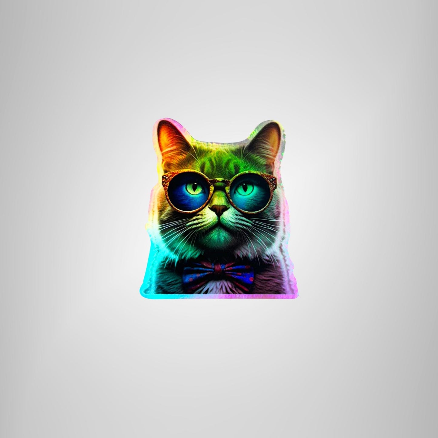 Funny Cat Hologram Sticker with Bow Tie & Glasses | Die Cut Stickers | Premium Vinyl Waterproof Stickers | UV Gloss Laminate | FAST SHIPPING