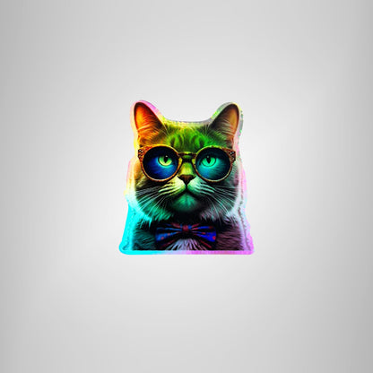 Funny Cat Hologram Sticker with Bow Tie & Glasses | Die Cut Stickers | Premium Vinyl Waterproof Stickers | UV Gloss Laminate | FAST SHIPPING