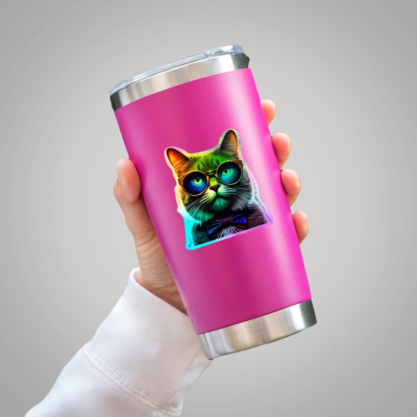 Funny Cat Hologram Sticker with Bow Tie & Glasses | Die Cut Stickers | Premium Vinyl Waterproof Stickers | UV Gloss Laminate | FAST SHIPPING