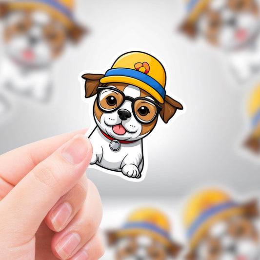 Cartoon Dog with a Hat & Glasses Cute Sticker for Water Bottle | Premium Die Cut Stickers | Premium Vinyl Waterproof Sticker | FAST SHIPPING