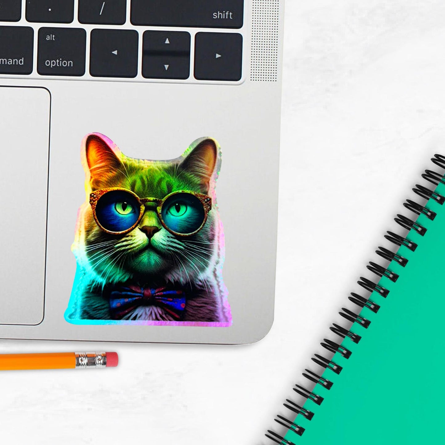 Funny Cat Hologram Sticker with Bow Tie & Glasses | Die Cut Stickers | Premium Vinyl Waterproof Stickers | UV Gloss Laminate | FAST SHIPPING