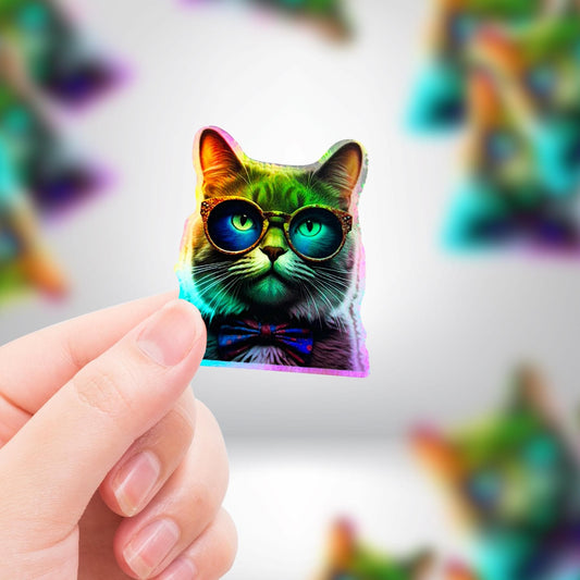 Funny Cat Hologram Sticker with Bow Tie & Glasses | Die Cut Stickers | Premium Vinyl Waterproof Stickers | UV Gloss Laminate | FAST SHIPPING