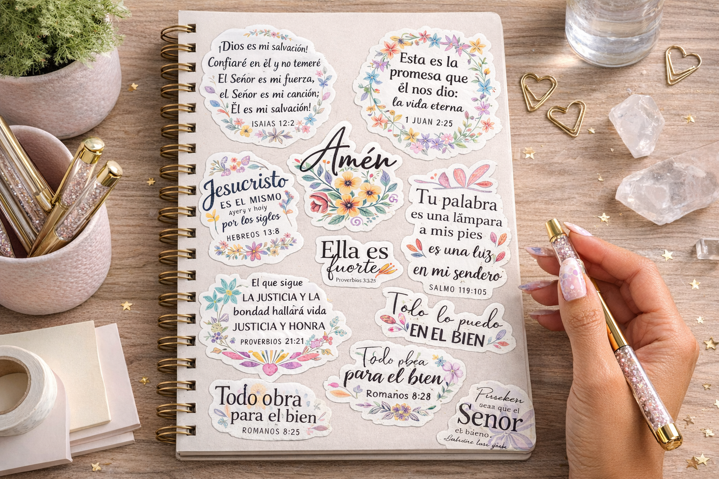 14-Pack Stickers Cristianos en Español | Frases Bíblicas Florales | Waterproof & UV Resistant