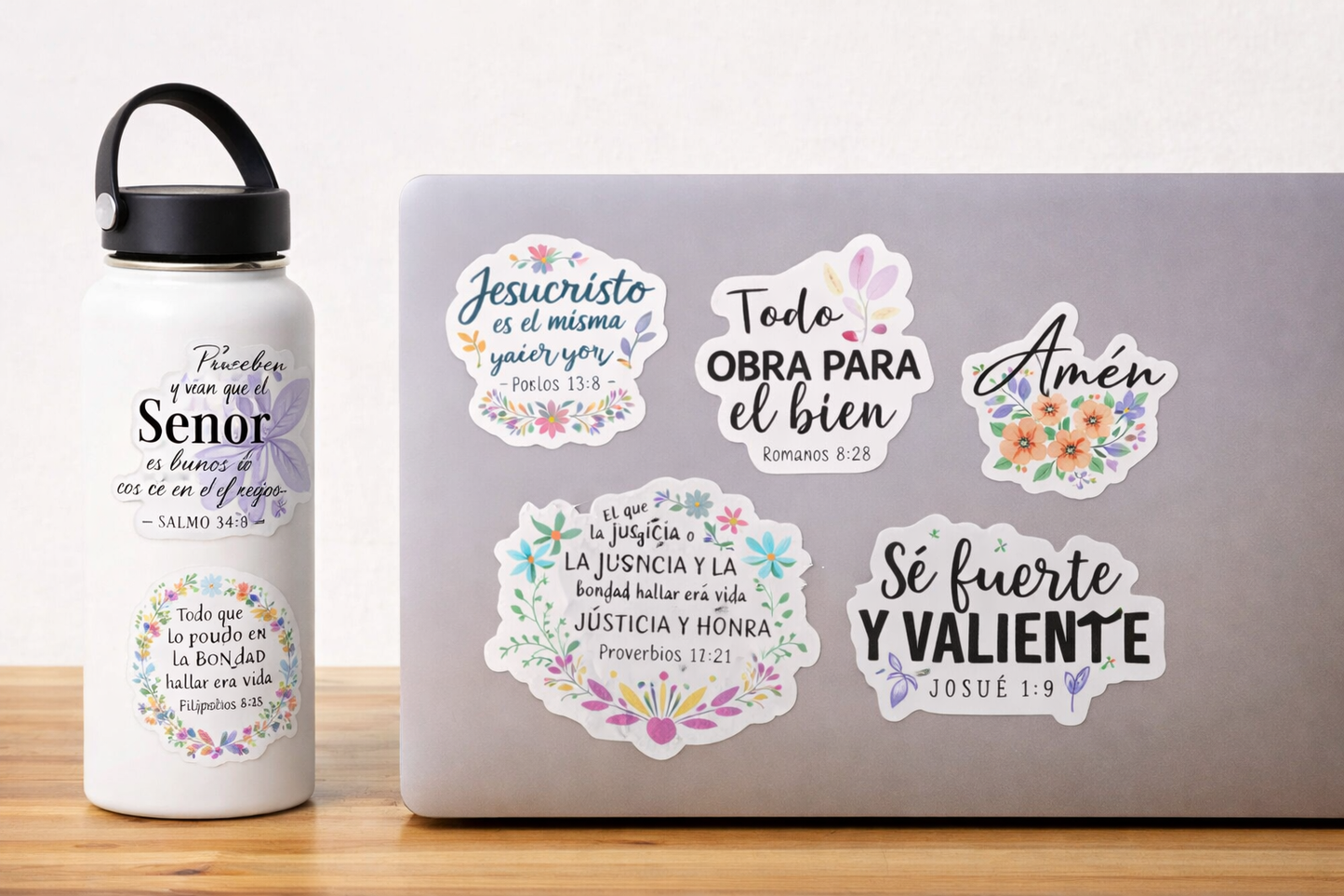 14-Pack Stickers Cristianos en Español | Frases Bíblicas Florales | Waterproof & UV Resistant
