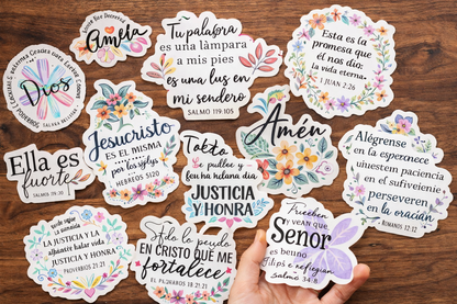 14-Pack Stickers Cristianos en Español | Frases Bíblicas Florales | Waterproof & UV Resistant